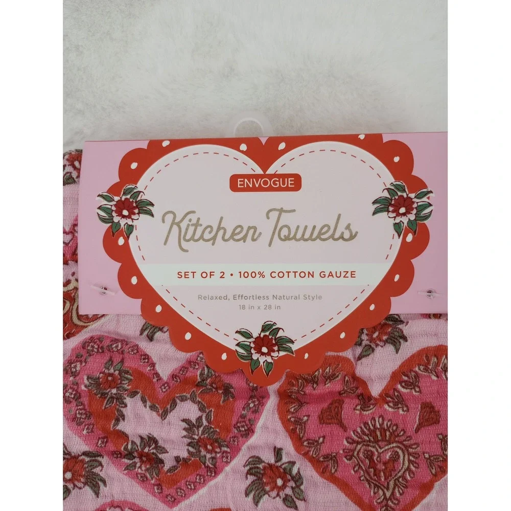 ENVOGUE‎ KITCHEN TOWELS COTTON GAUZE HEARTS FLORAL PINK 18X28